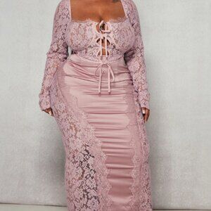 PrettyLittleThing Dark Rose Satin Lace Corset Top and Maxi Skirt Set